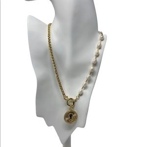 Focal center gold coin with pearls and gold tone chain